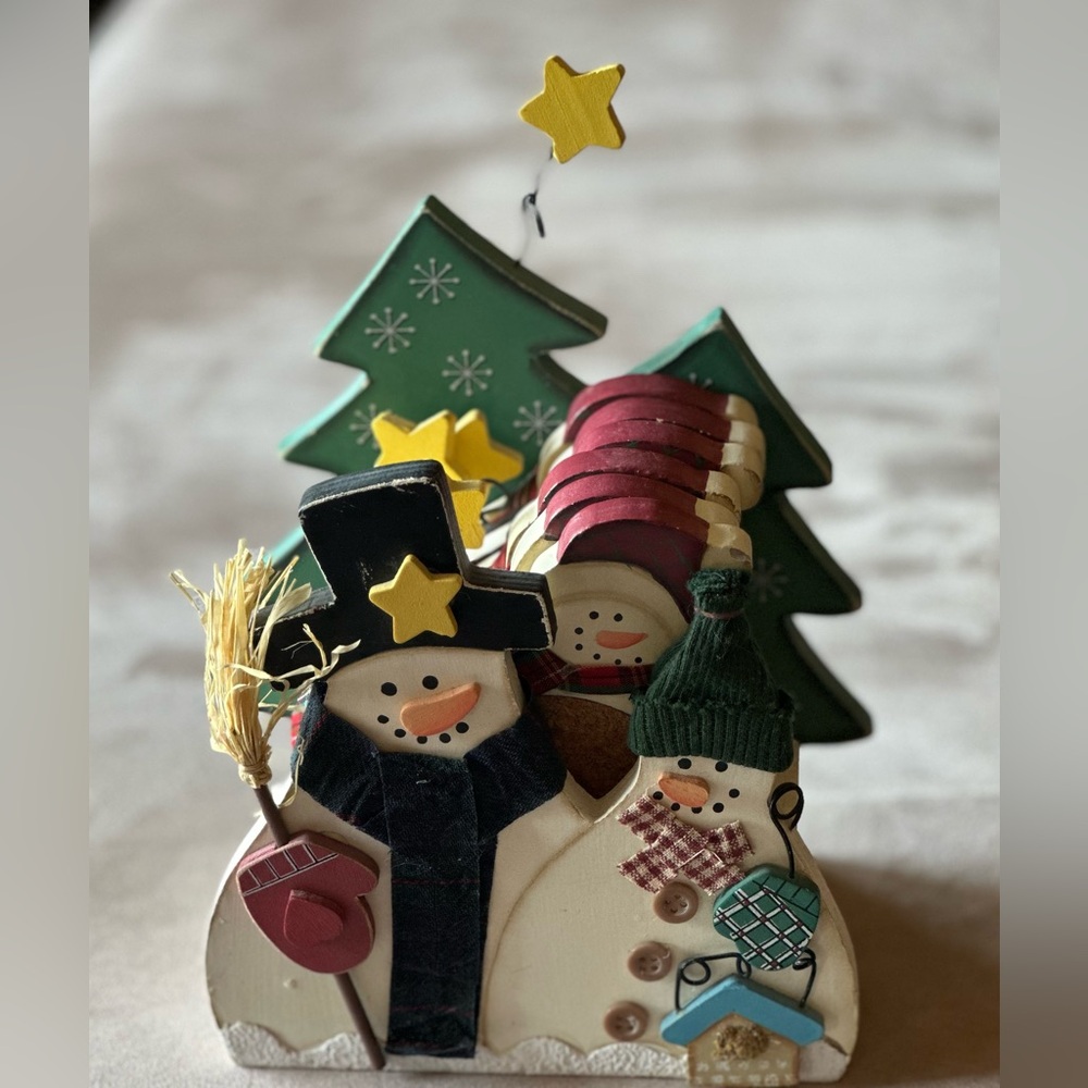 Set Snowman Family Coasters (6) in Christmas Tree and Snowman Holder. Wood Cork